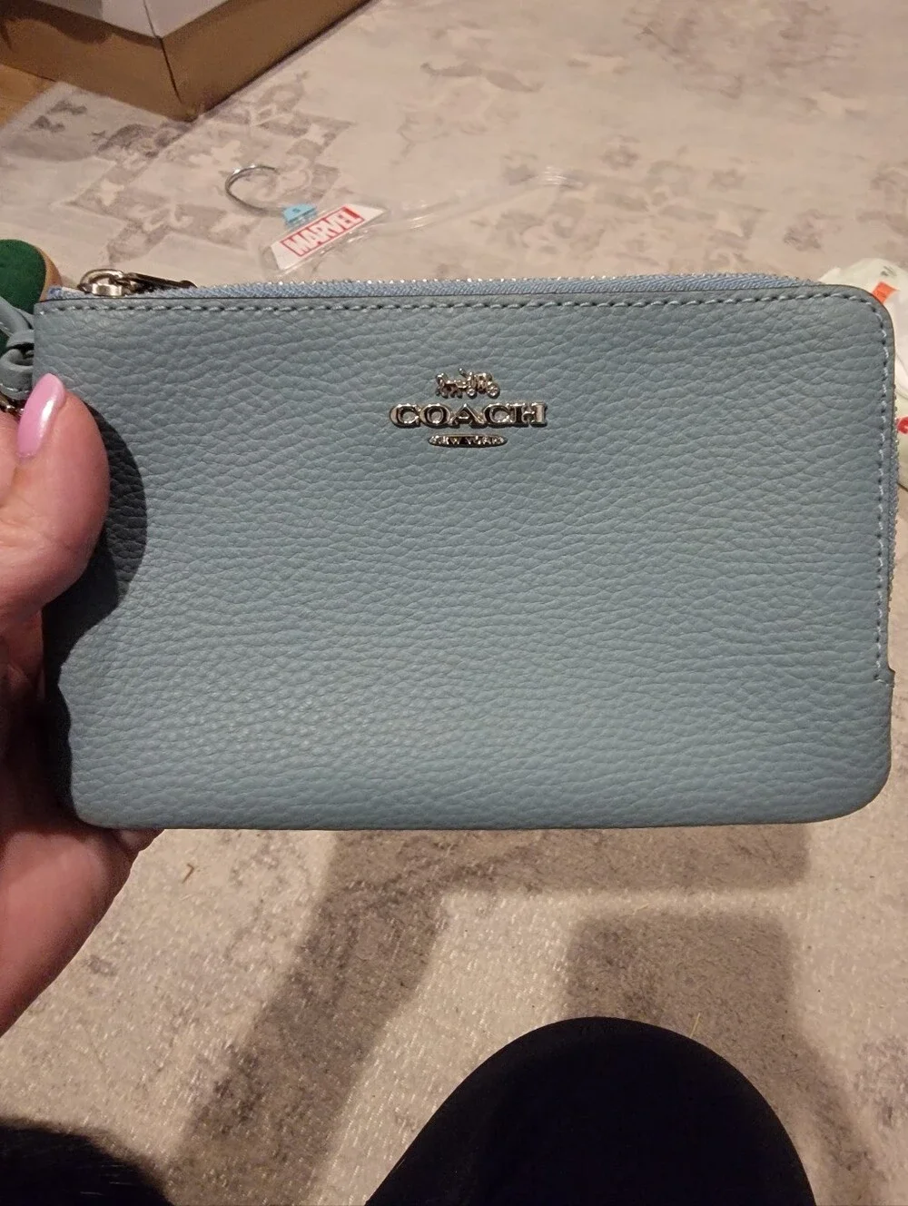 Coach Dusty Blue Pebbled Leather Double Corner Zip Wristlet Card Holder